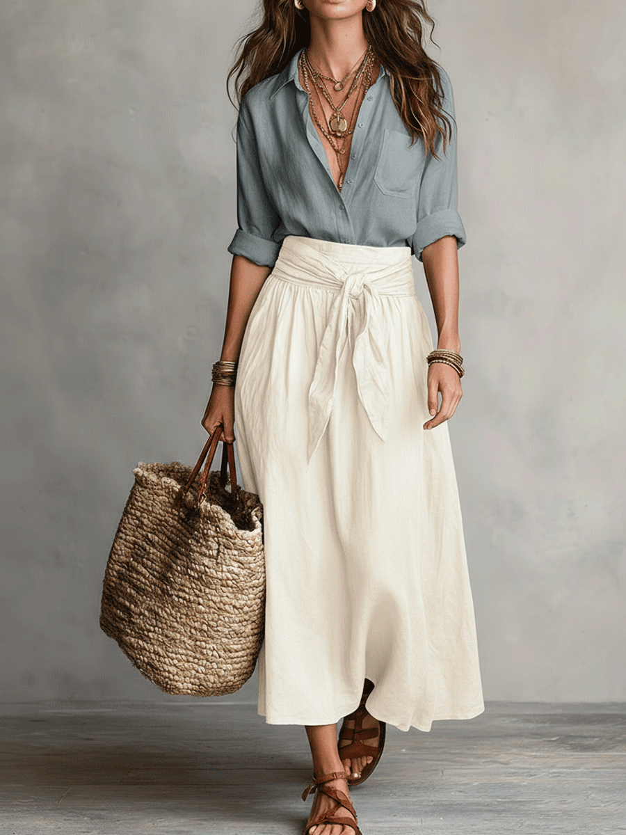 Conjunto Boho Blusa + Saia Midi — Elegância Sem Esforço
