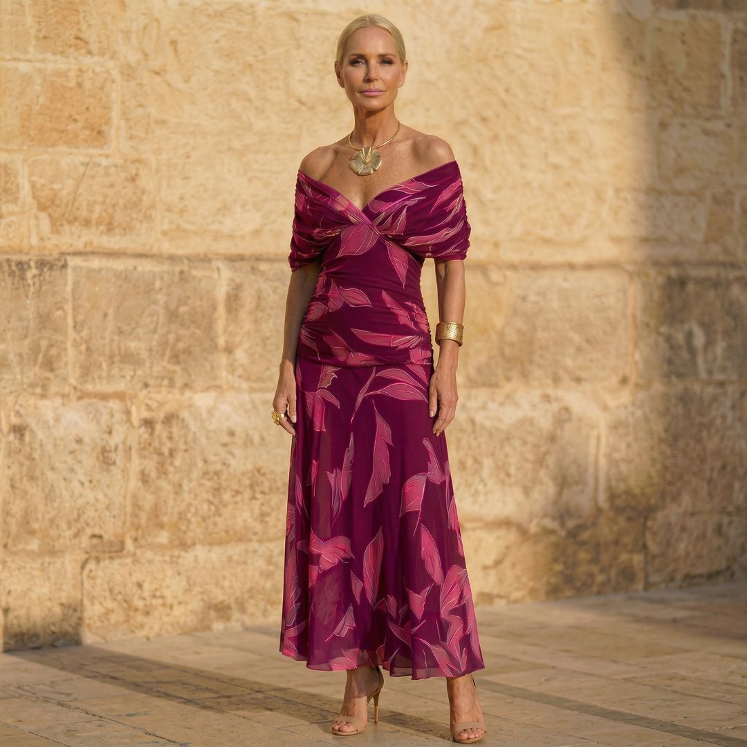 Celeste | Vestido Roxo com Estampa de Folhas