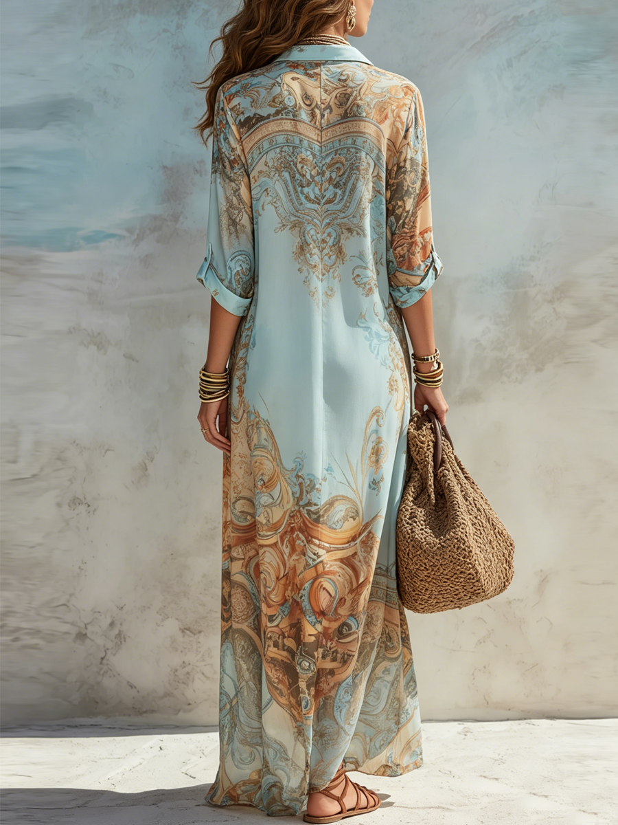 Vestido Camisa Midi Estampado Azul — Estilo Boho Chic