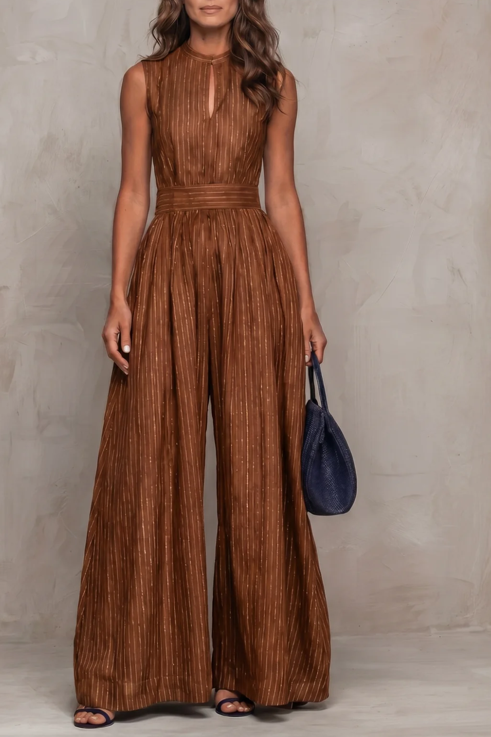 Seravelle – Macacão pantalona elegante com detalhe vazado listrado