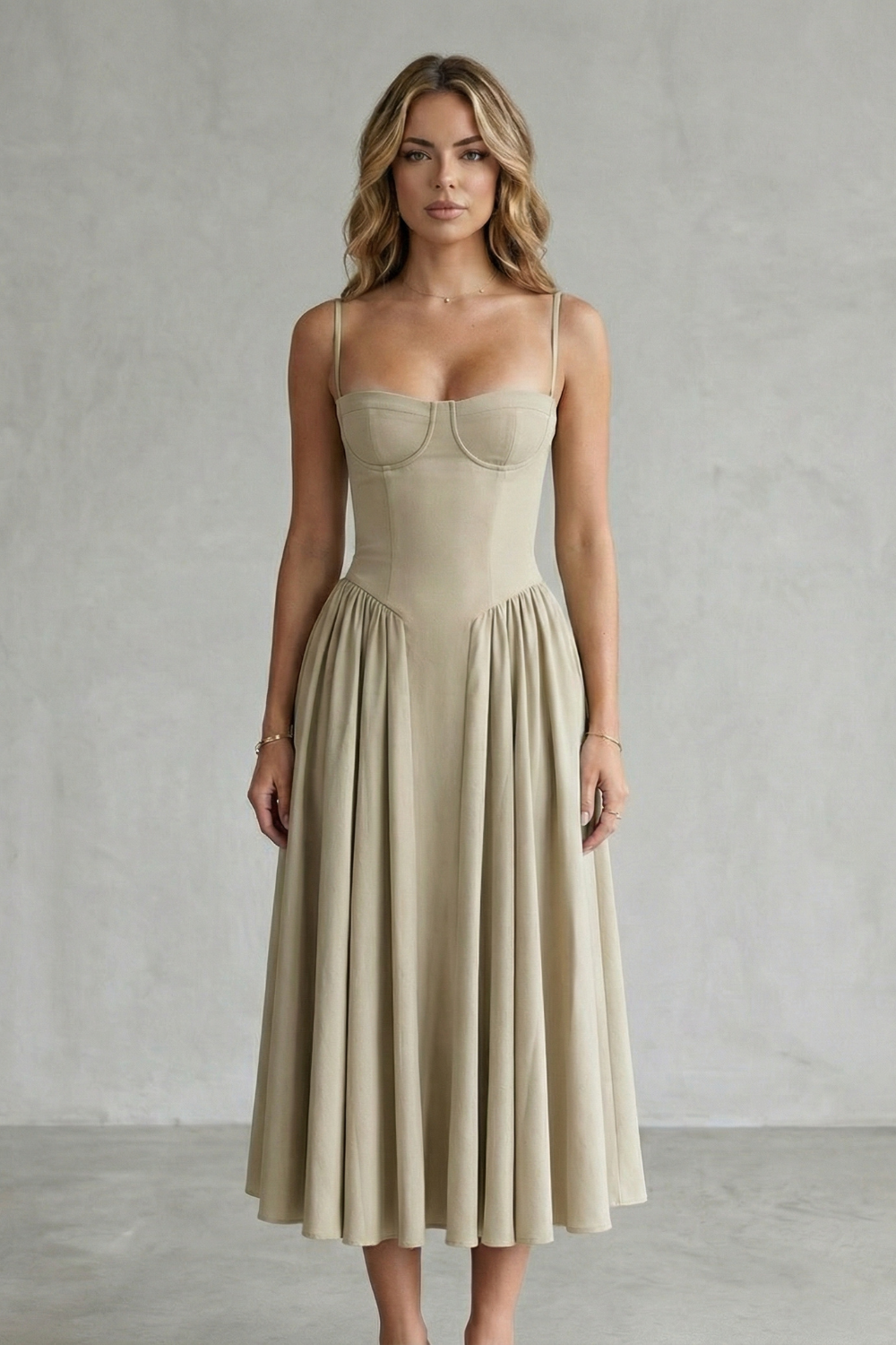 Calliope – Estrutura atemporal – Vestido Midi Feminino Estruturado sem Mangas
