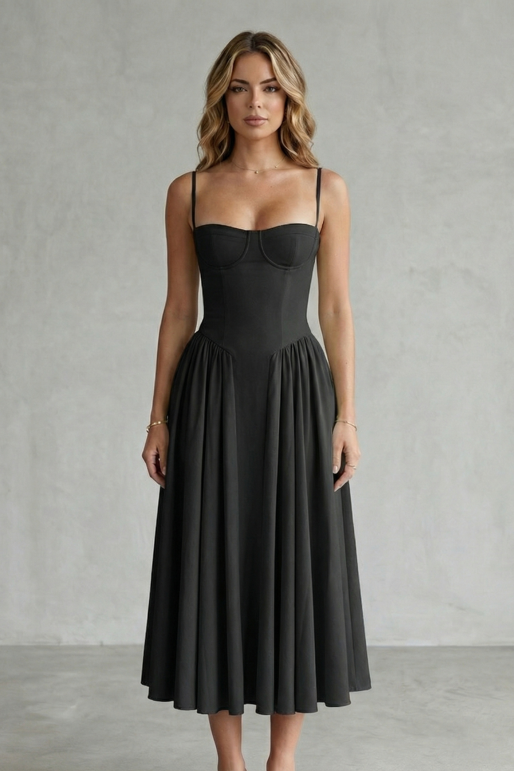 Calliope – Estrutura atemporal – Vestido Midi Feminino Estruturado sem Mangas