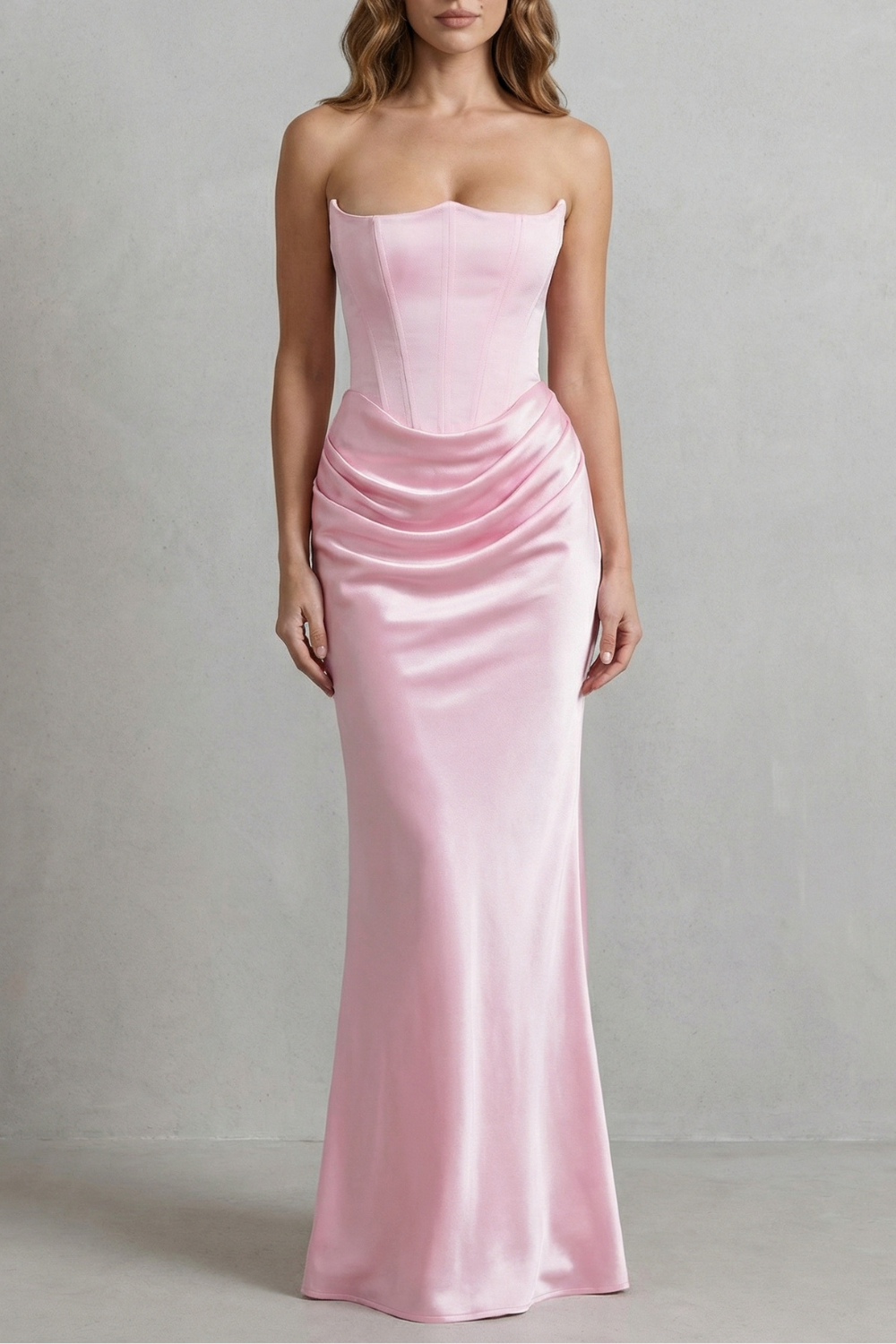Evelisse – Drapeado de cetim esculpido – Vestido longo tomara que caia com corset