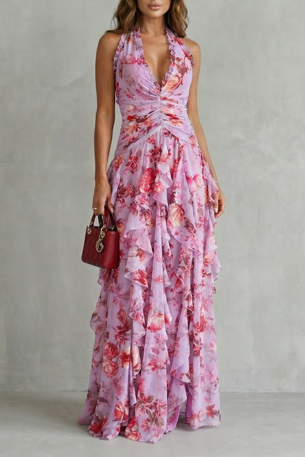 Belladina – Cascata romântica de rosas – Vestido longo frente única