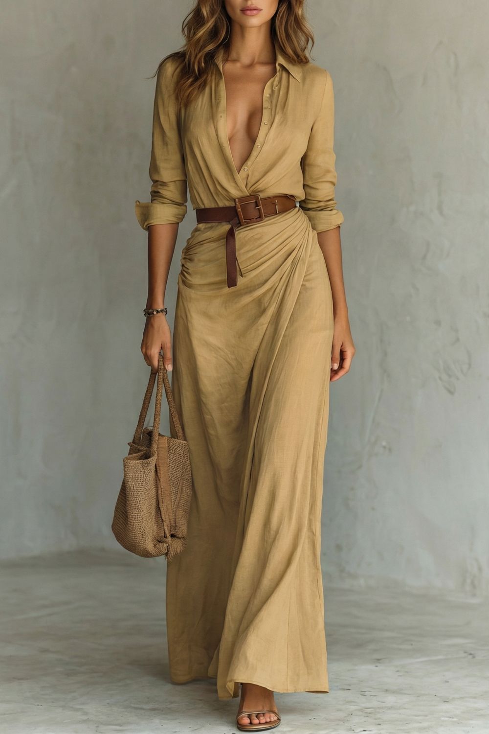 Azura – Vestido transpassado com botões – Vestido longo com cinto