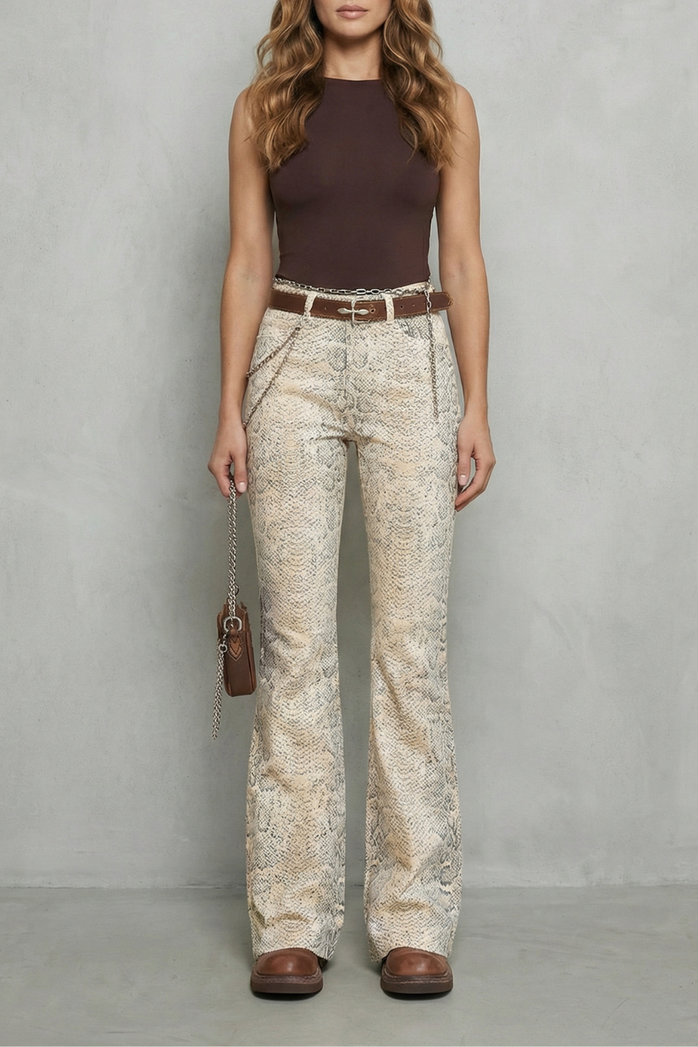 Seraphielle – Elegância estampa de cobra – Calça pantalona jeans