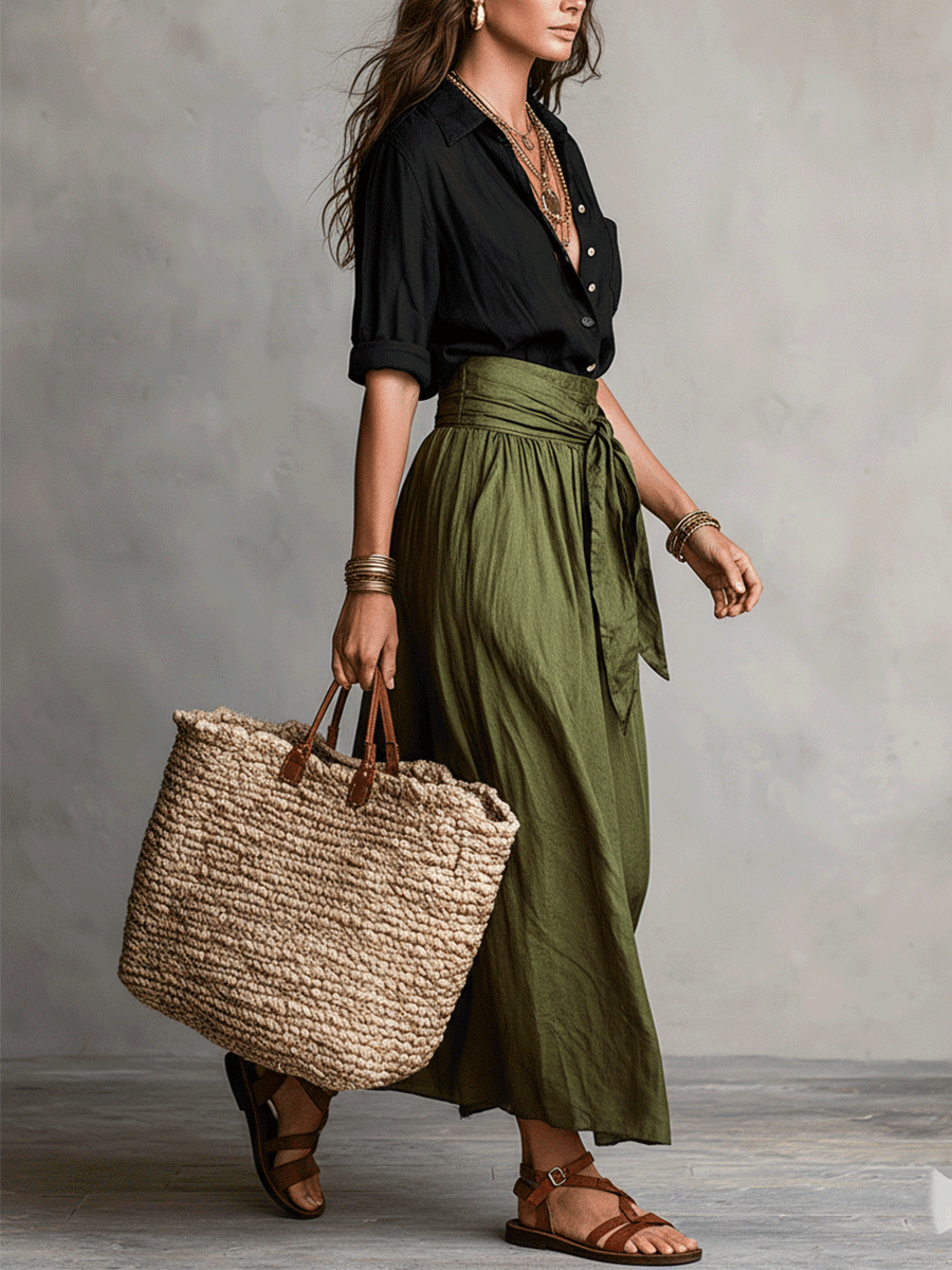 Conjunto Boho Blusa + Saia Midi — Elegância Sem Esforço
