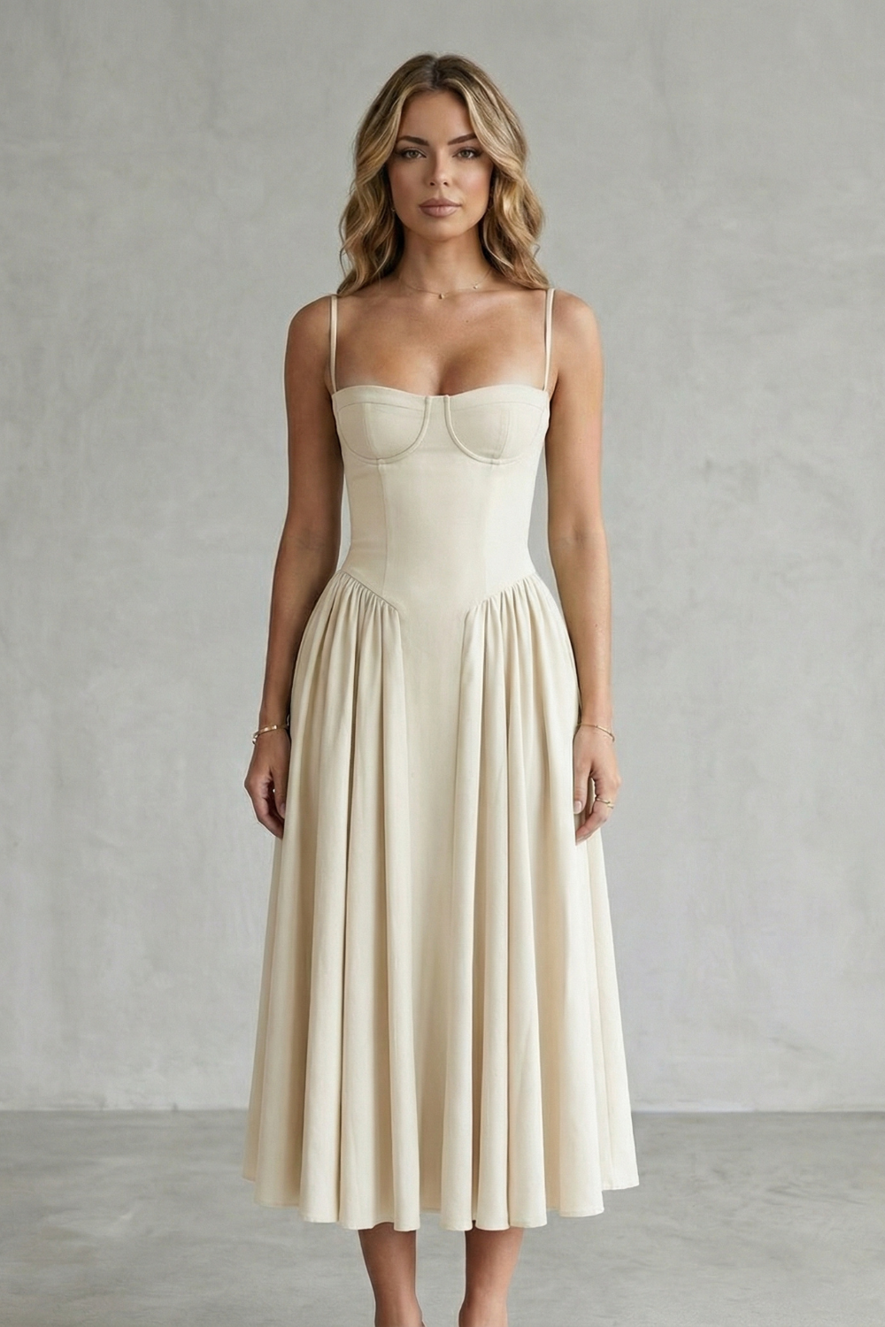 Calliope – Estrutura atemporal – Vestido Midi Feminino Estruturado sem Mangas