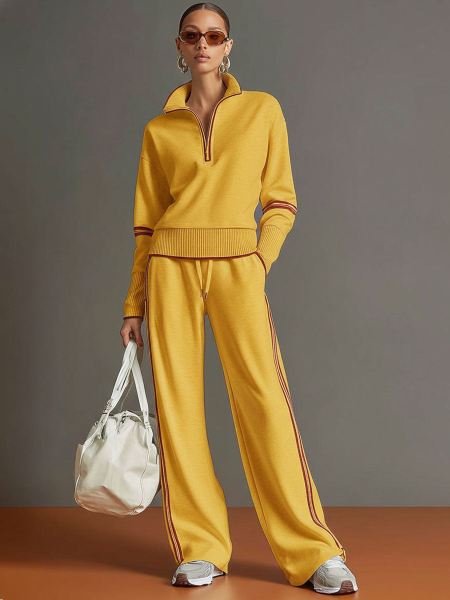 Conjunto Suéter Gola Alta Meio Zíper e Calça Wide Leg Listrada - Helena
