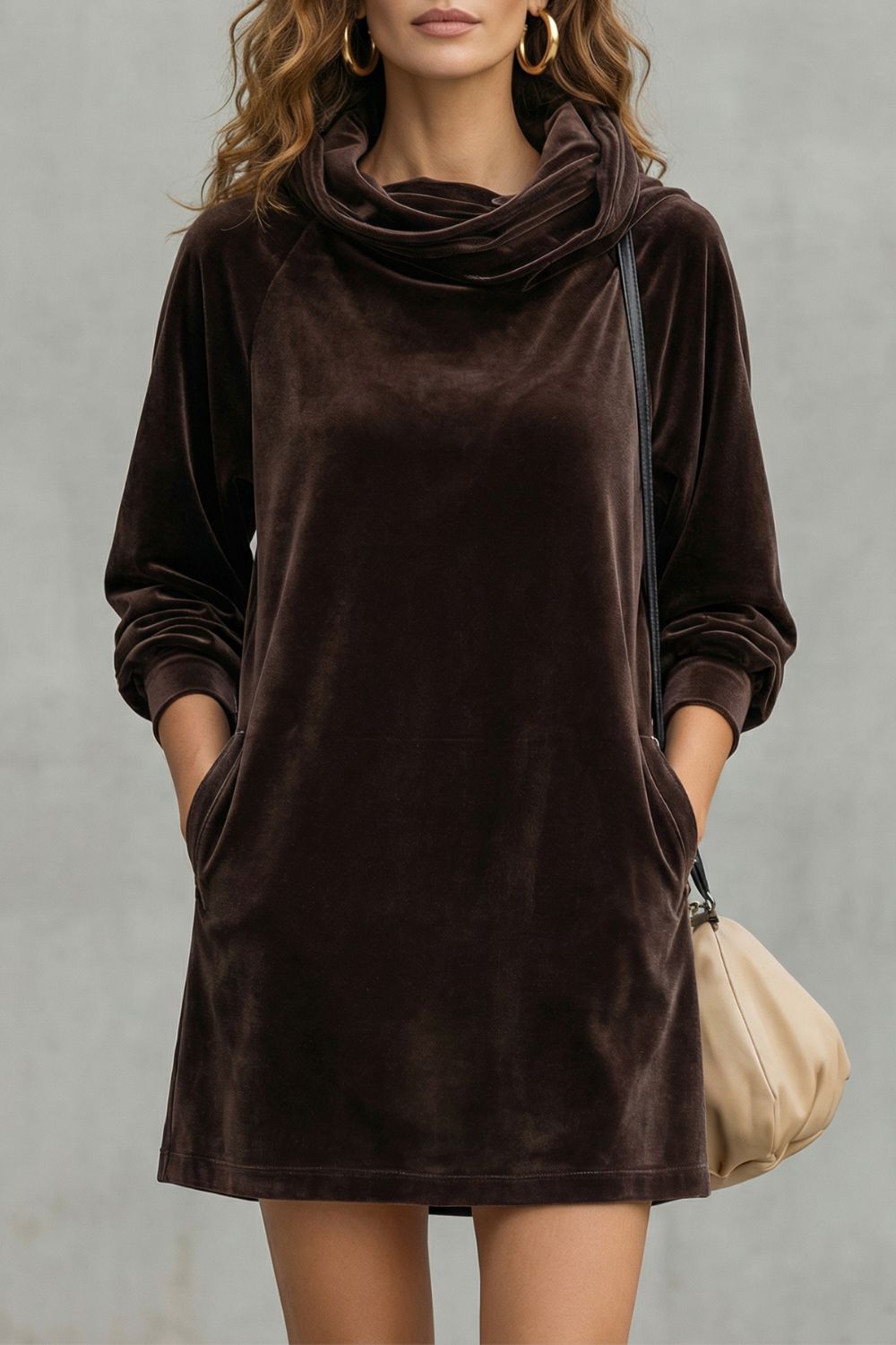 Moréna – Conforto em veludo drapeado – Vestido curto com decote de barco drapeado