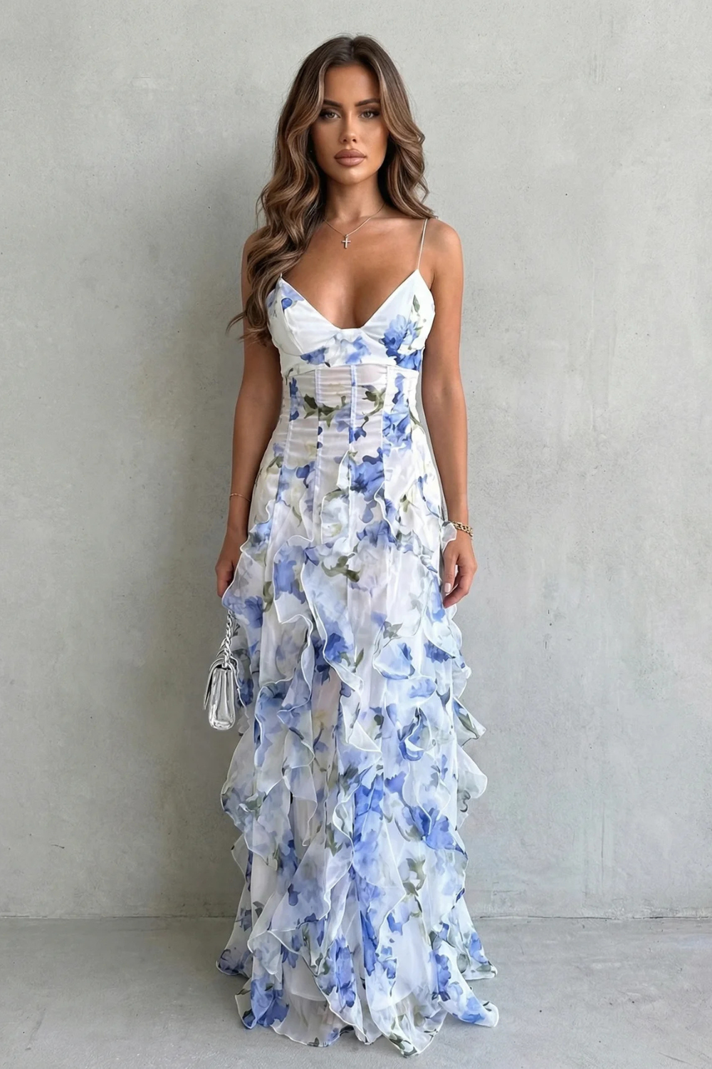 Sestina – Cascata floral transparente – Vestido longo com babados para noite