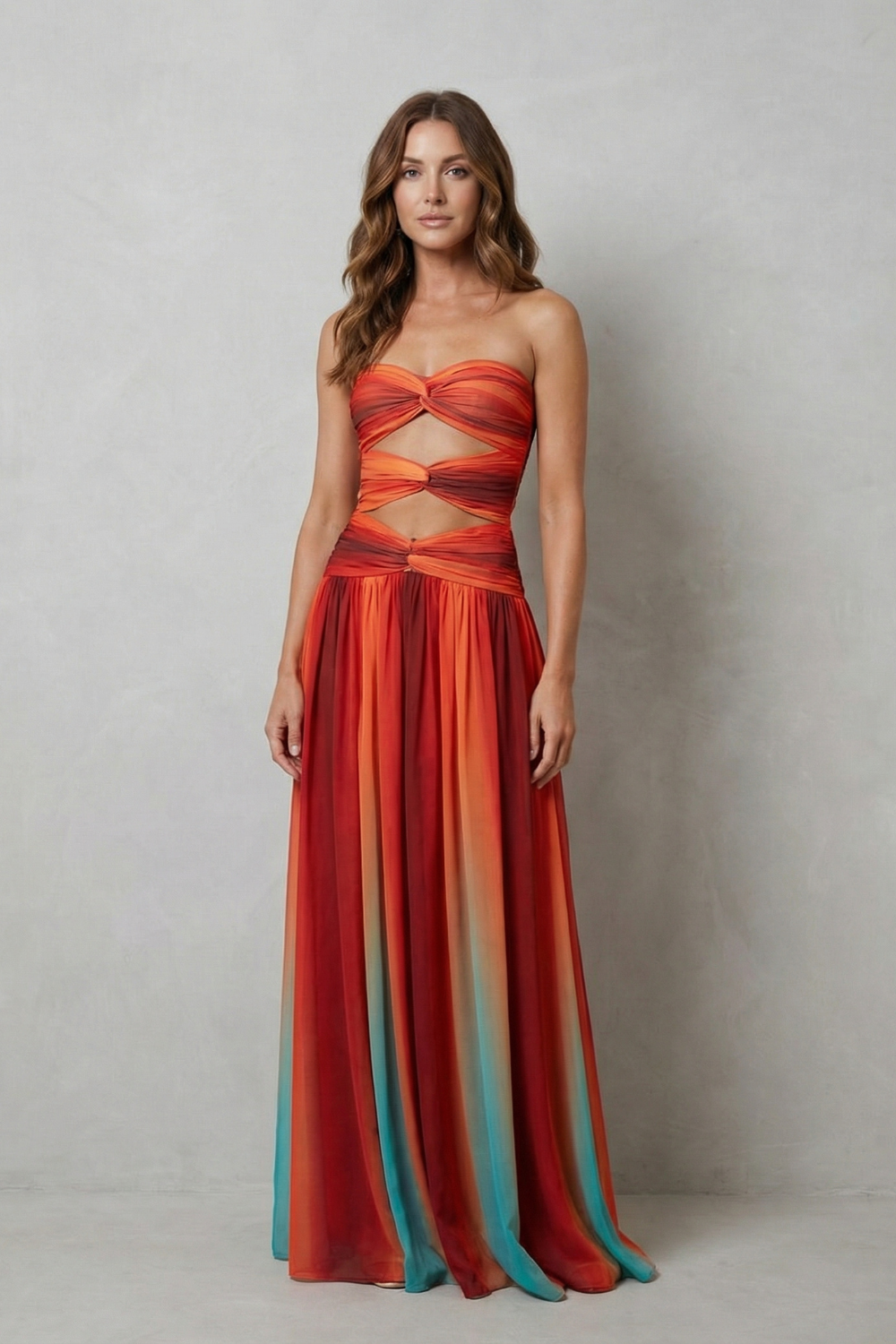 Zafrina – Charme ombré pôr do sol – Vestido longo tomara que caia