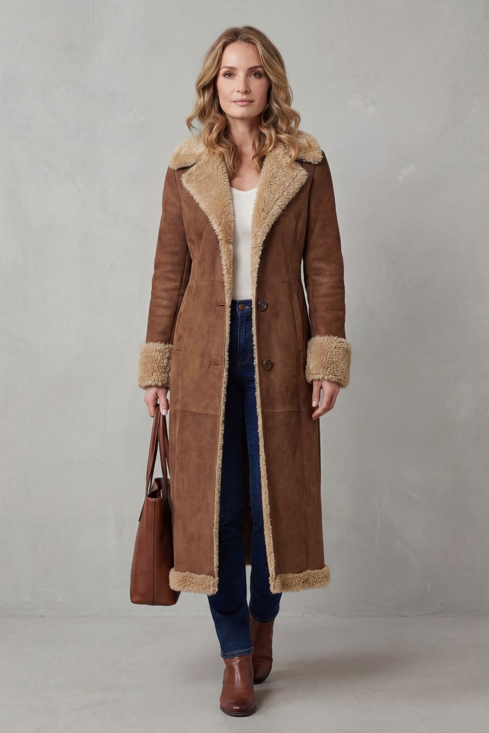 Selvion – Silhueta com forro shearling – Casaco longo de inverno