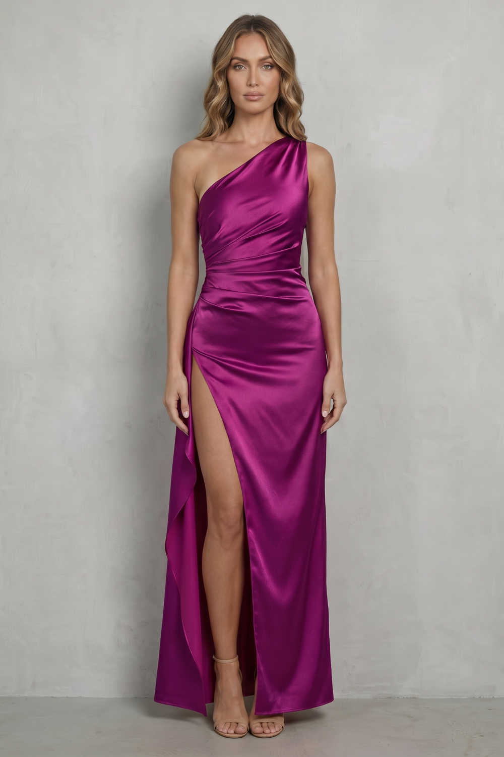 Scarlette – Cetim líquido com drapeado – Vestido longo de um ombro só para noite