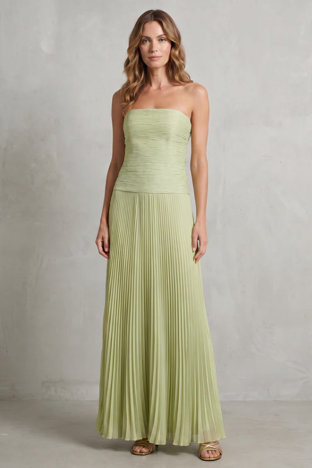 Skyelle – Elegância tomara que caia plissada – Vestido longo