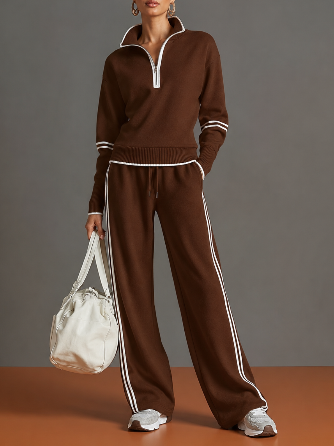 Conjunto com Suéter de Gola Alta e Calça Wide Leg Ajustável Esportiva - Nina