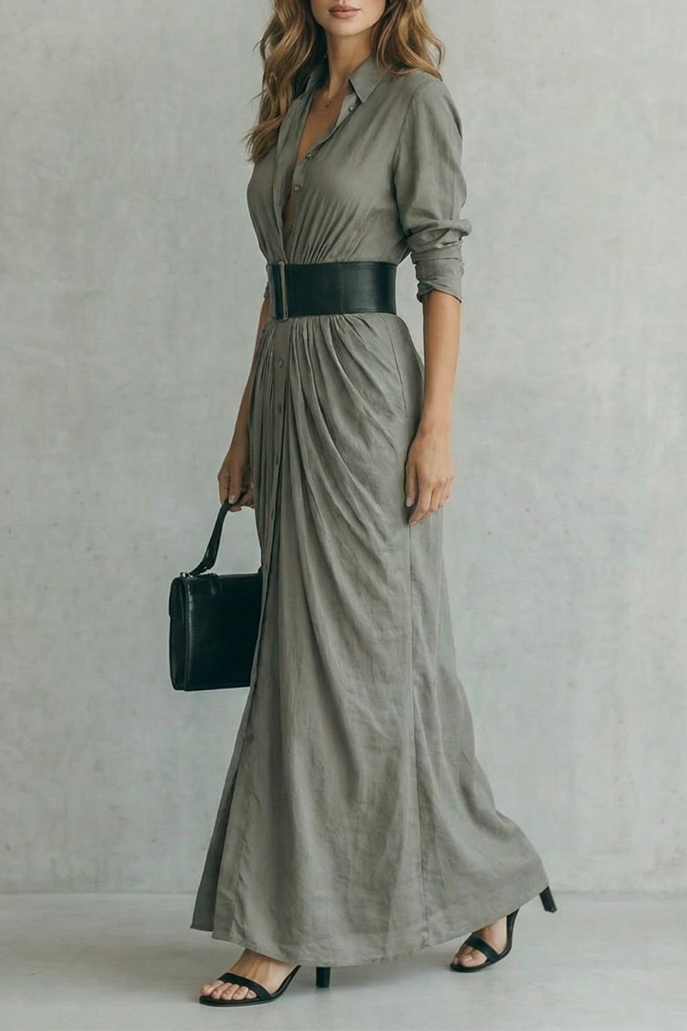 Solenzia – Drama plissada na cintura – Vestido longo estilo camisa (inclui cinto)