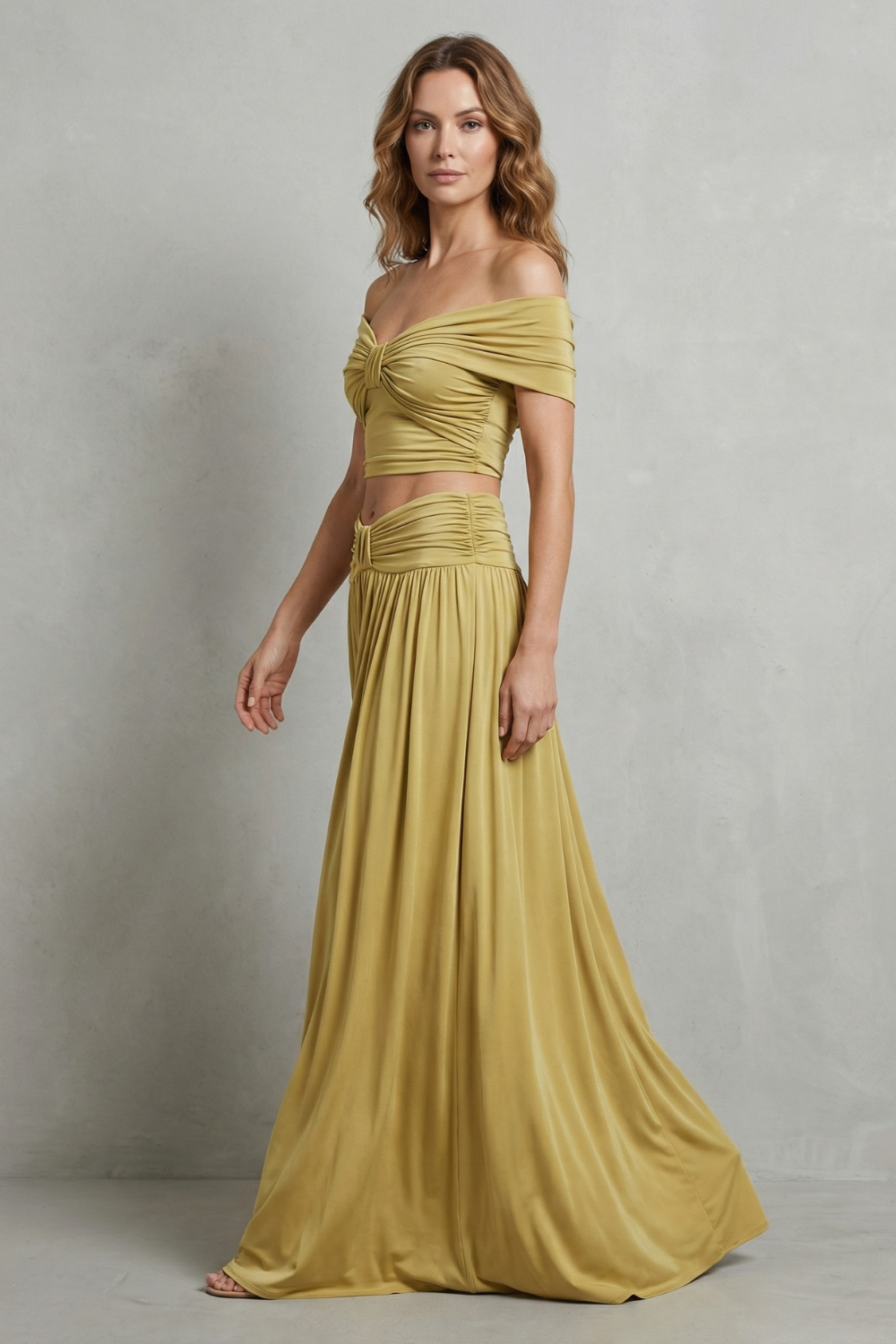Ramona – Golden glow – Conjunto de Saia e Top Ombro a Ombro Franzido Feminino