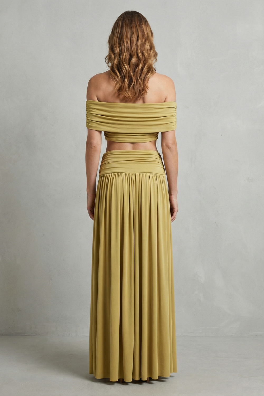 Ramona – Golden glow – Conjunto de Saia e Top Ombro a Ombro Franzido Feminino