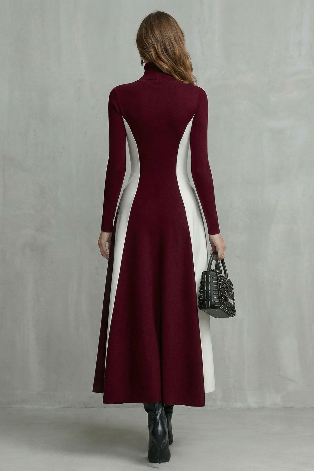 Mariveille – Fluidez contrastante com sculpt – Vestido gola alta