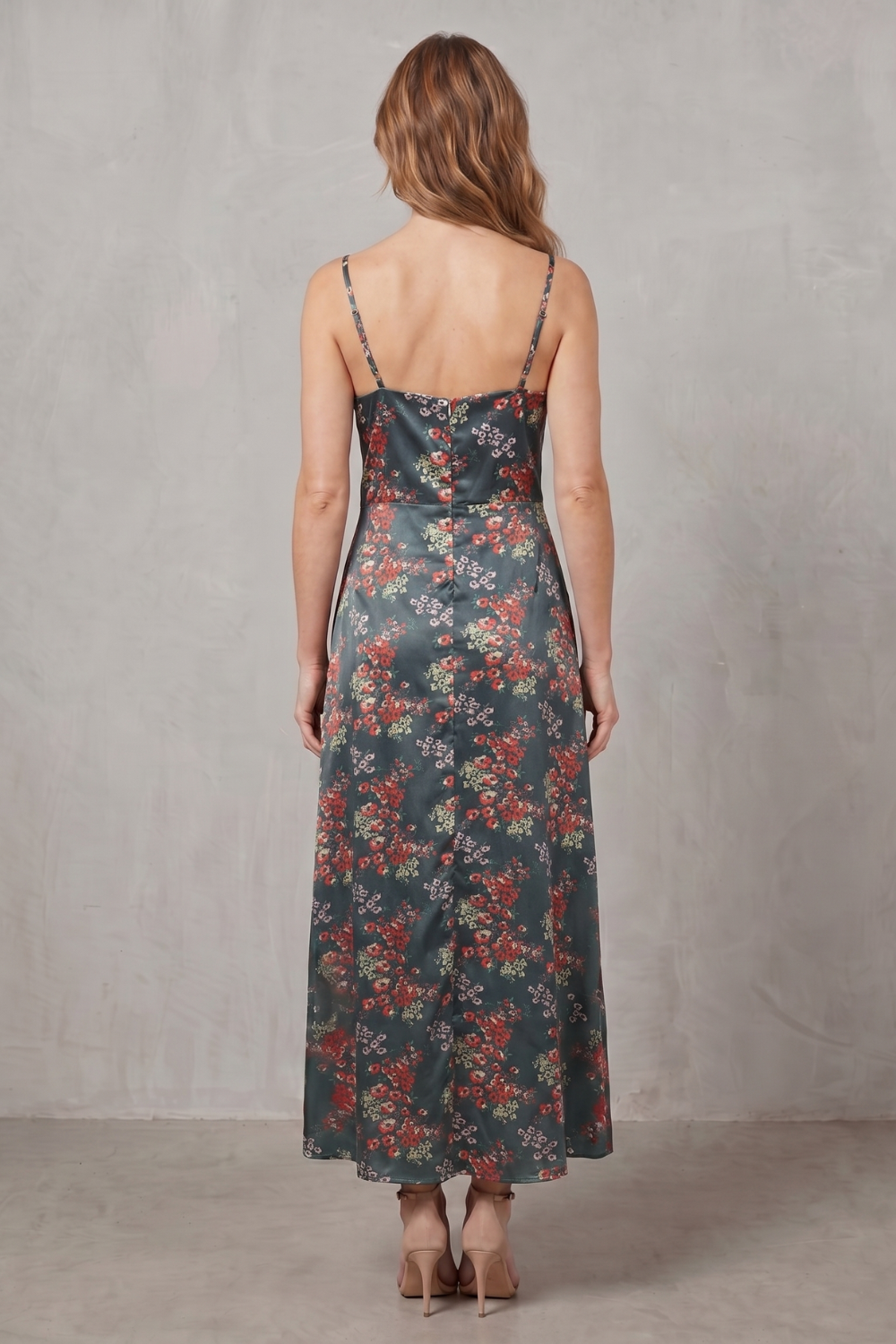 Verdelune – Charme floral acetinado – Vestido midi
