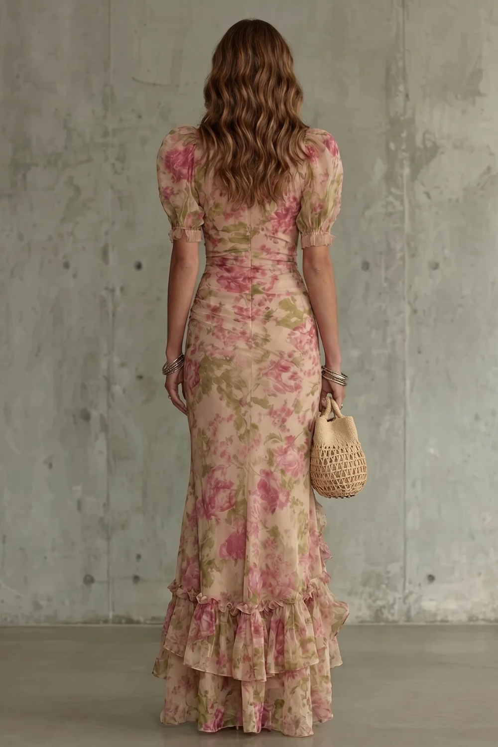 Roselique – Silhueta floral romântica – Vestido longo