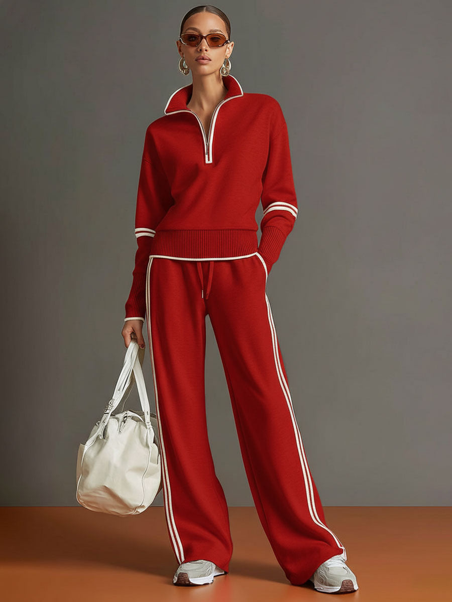 Conjunto Suéter Gola Alta Meio Zíper e Calça Wide Leg Listrada - Helena