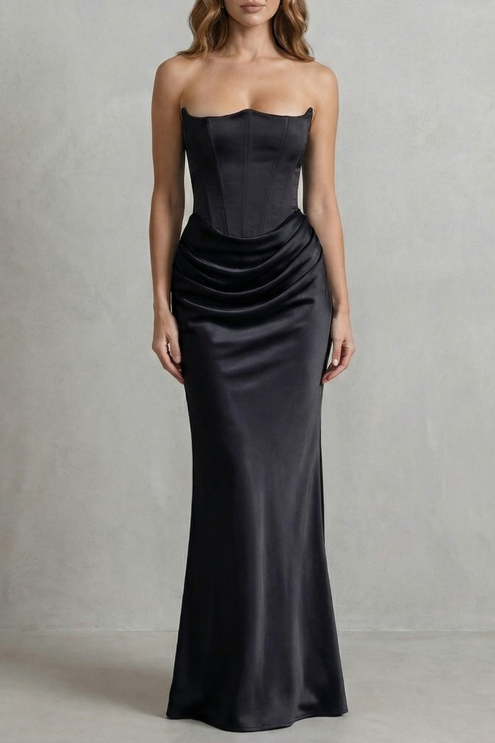Evelisse – Drapeado de cetim esculpido – Vestido longo tomara que caia com corset