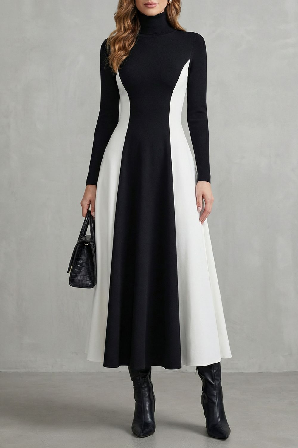 Mariveille – Fluidez contrastante com sculpt – Vestido gola alta