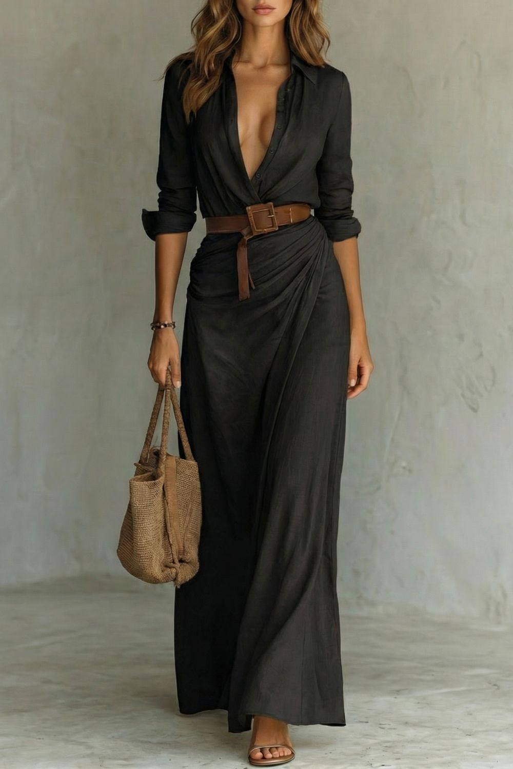 Azura – Vestido transpassado com botões – Vestido longo com cinto