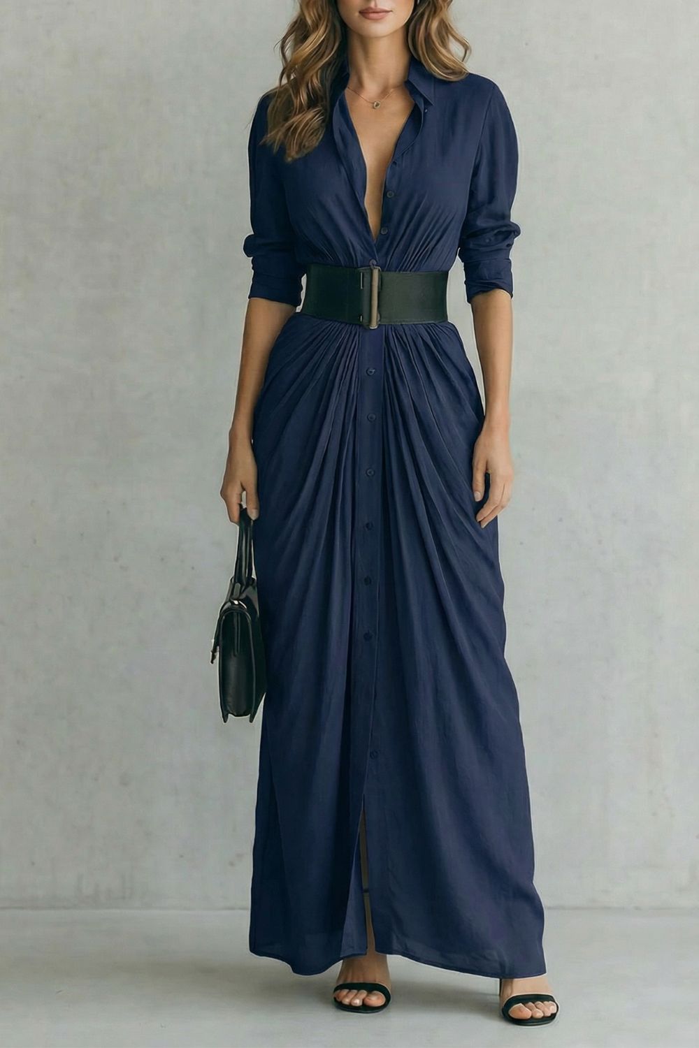 Solenzia – Drama plissada na cintura – Vestido longo estilo camisa (inclui cinto)