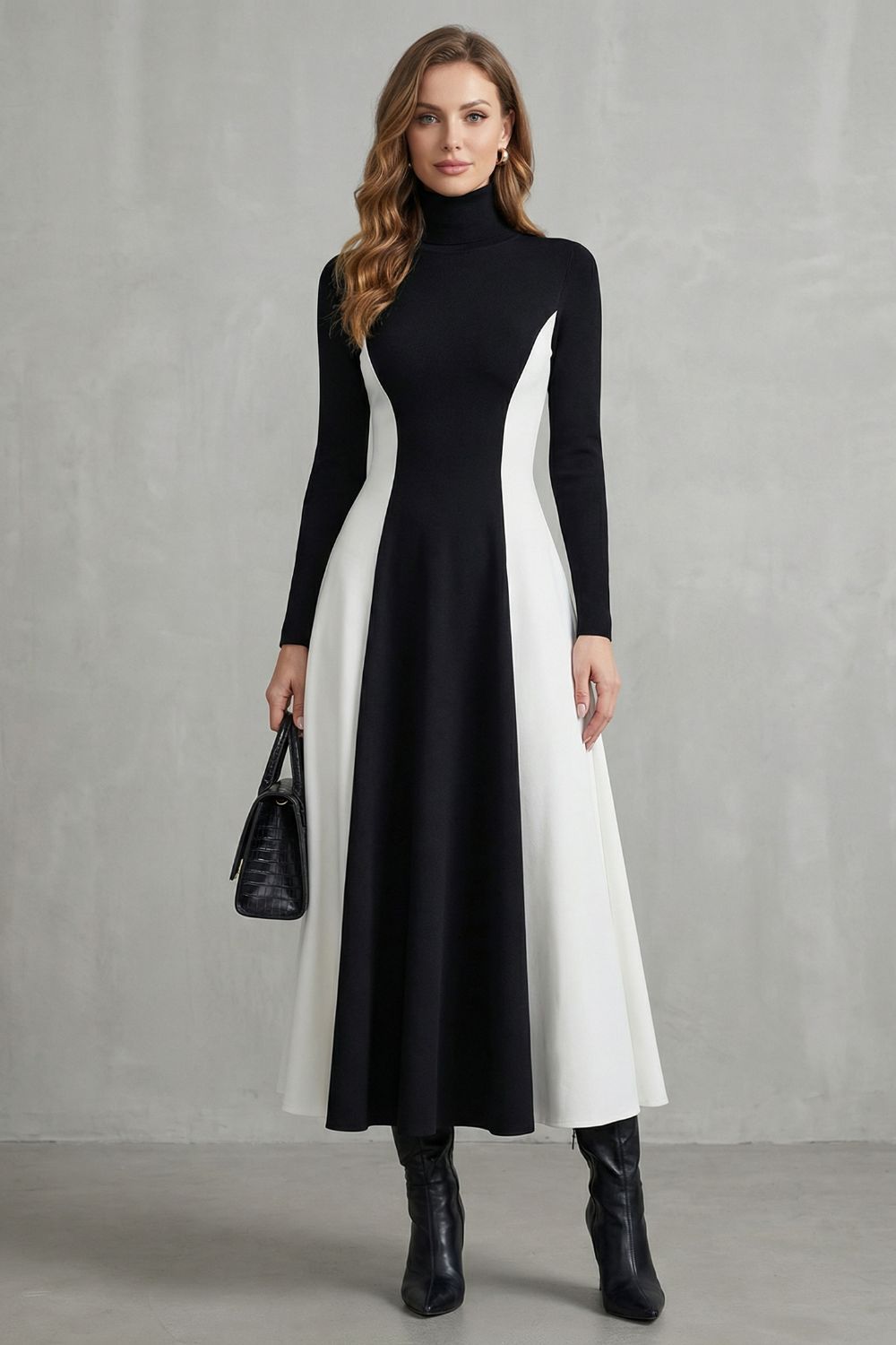 Mariveille – Fluidez contrastante com sculpt – Vestido gola alta