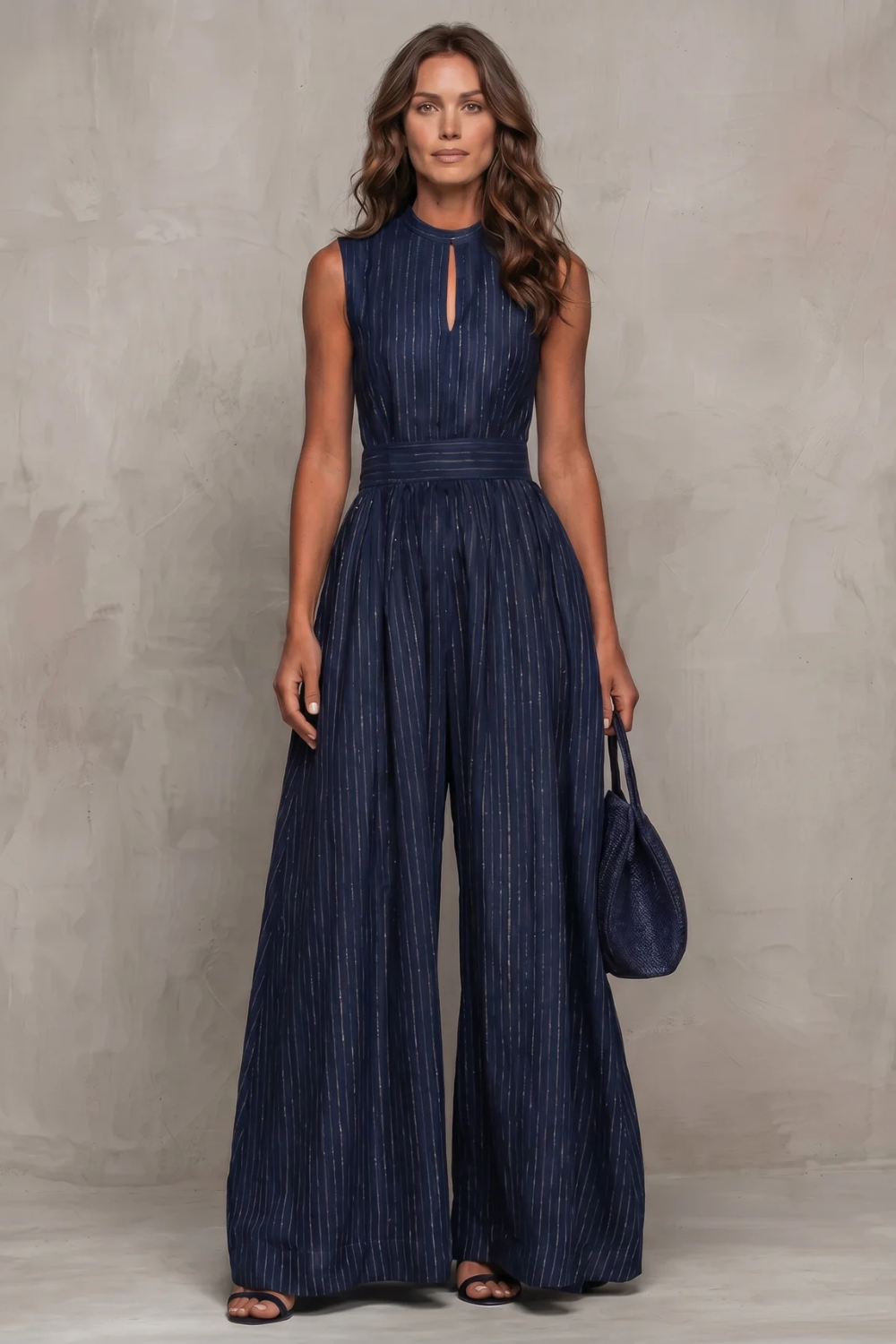 Seravelle – Macacão pantalona elegante com detalhe vazado listrado