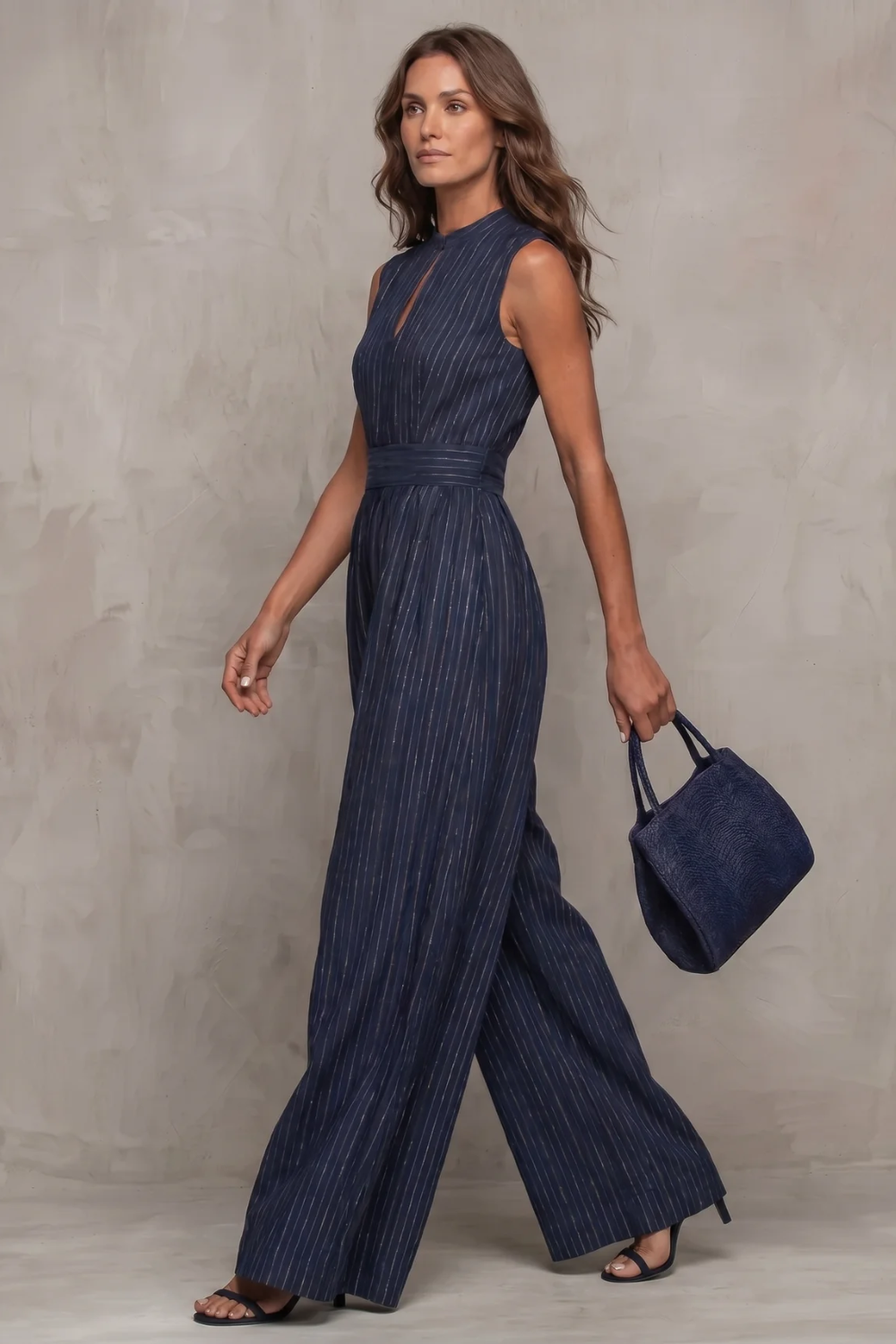 Seravelle – Macacão pantalona elegante com detalhe vazado listrado