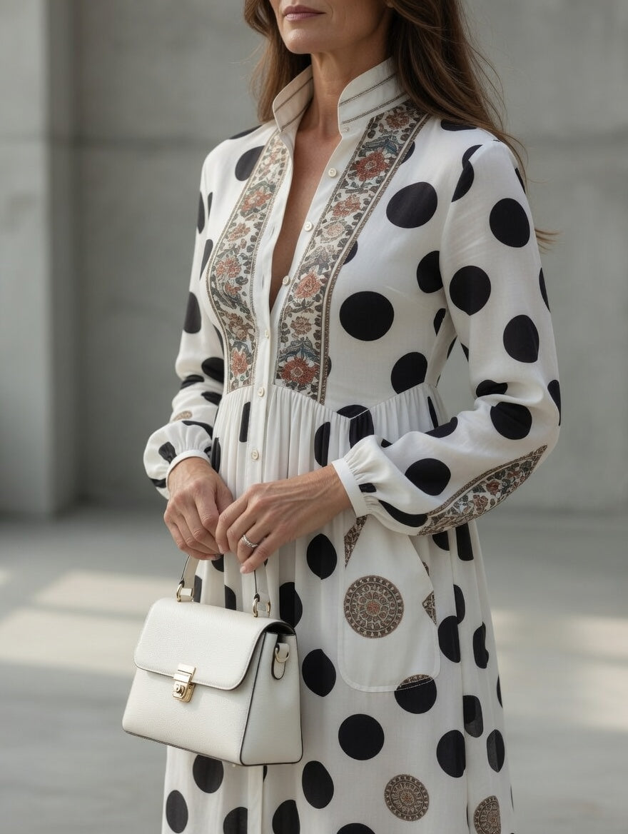Vestido Luna Signature™ — Maxi Poá Branco e Preto com Botões