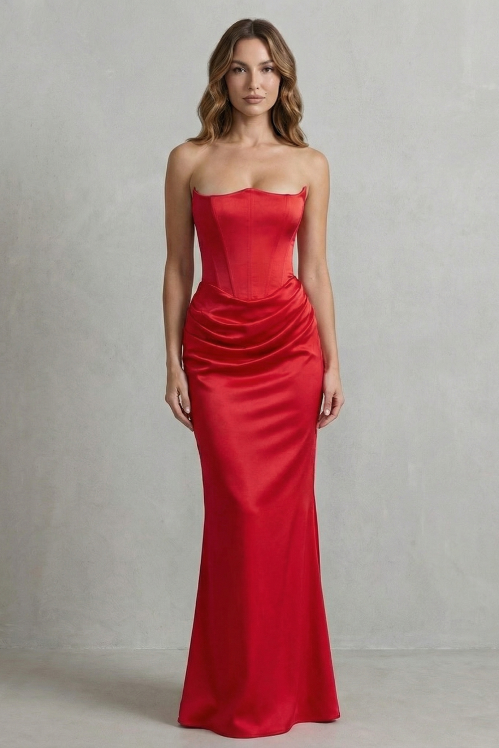 Evelisse – Drapeado de cetim esculpido – Vestido longo tomara que caia com corset