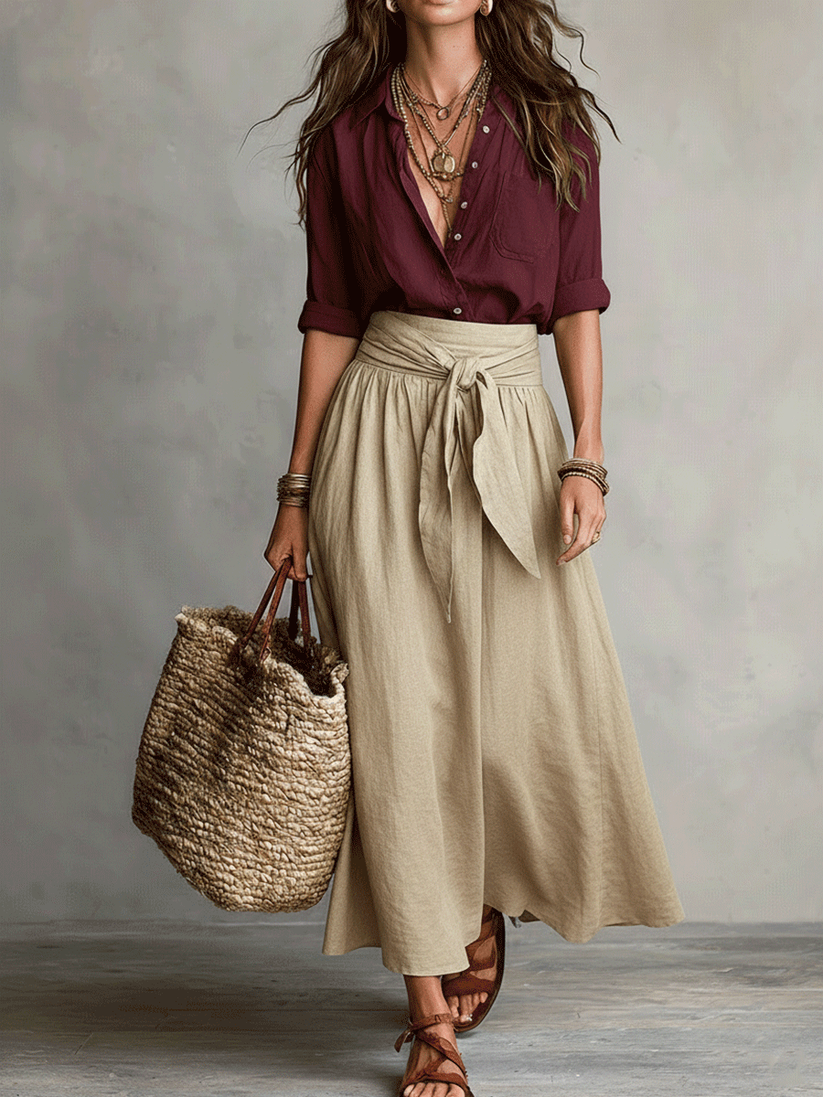 Conjunto Boho Blusa + Saia Midi — Elegância Sem Esforço