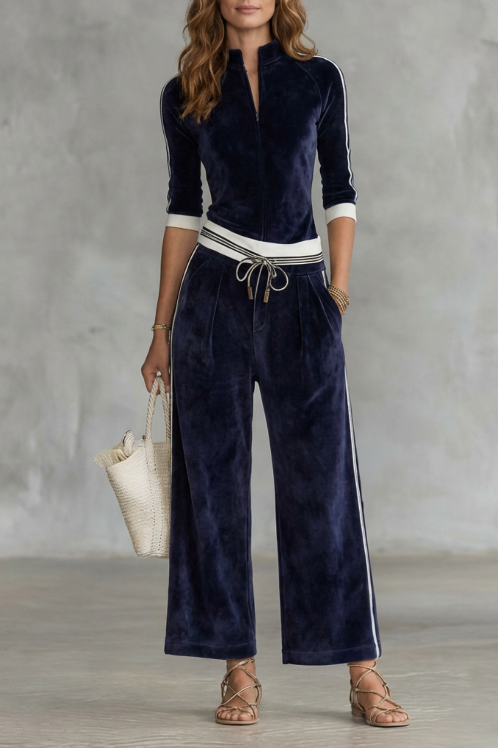 Alix Set – Conjunto de velour luxuoso com top com zíper & calça pantalona
