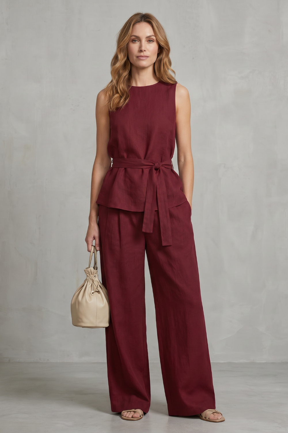 Alvera – Elegante silhueta com amarração na cintura – Conjunto de duas peças com calça