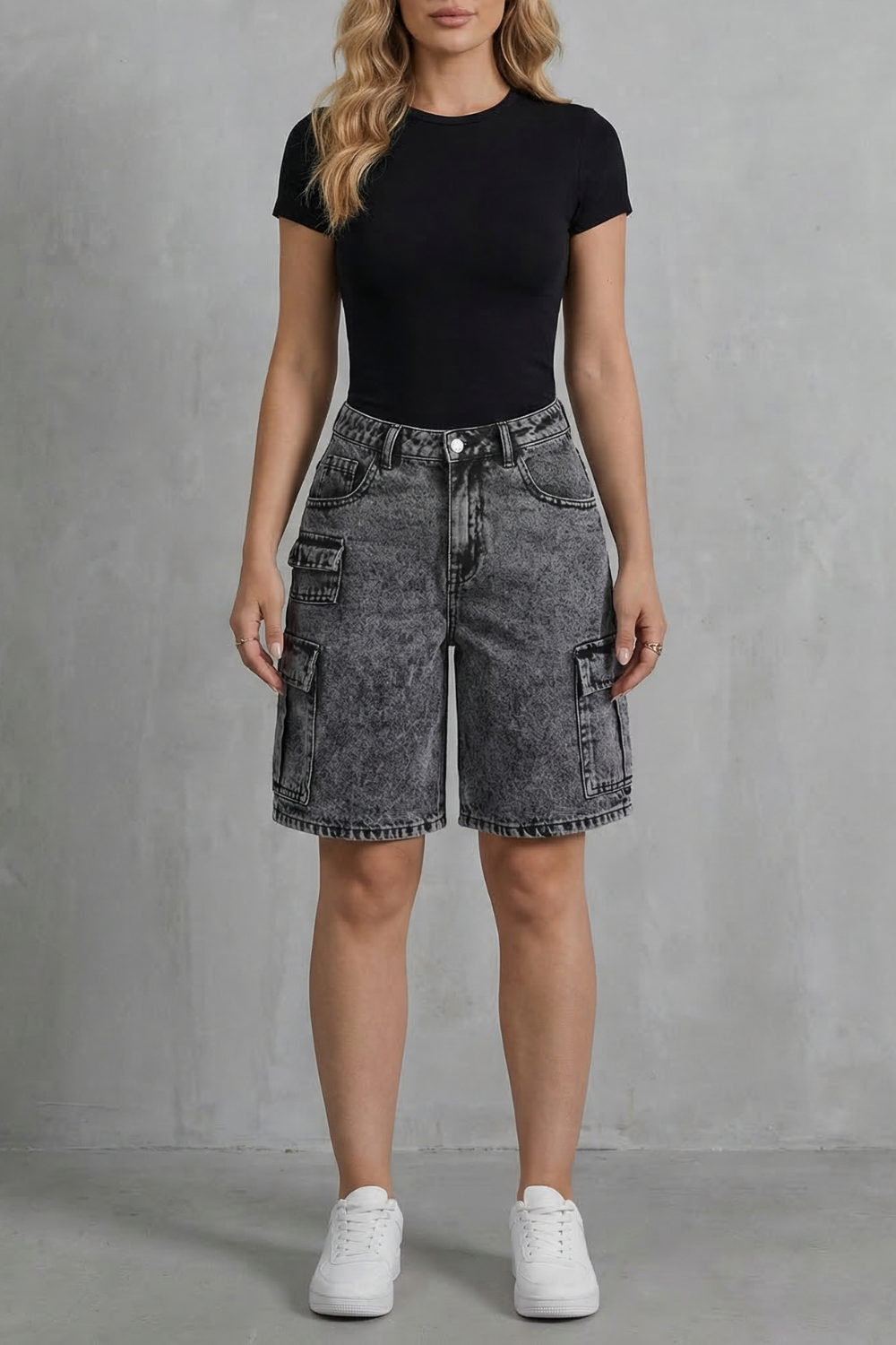 Ardenza – Estilo utilitário lavado – Bermuda cargo jeans