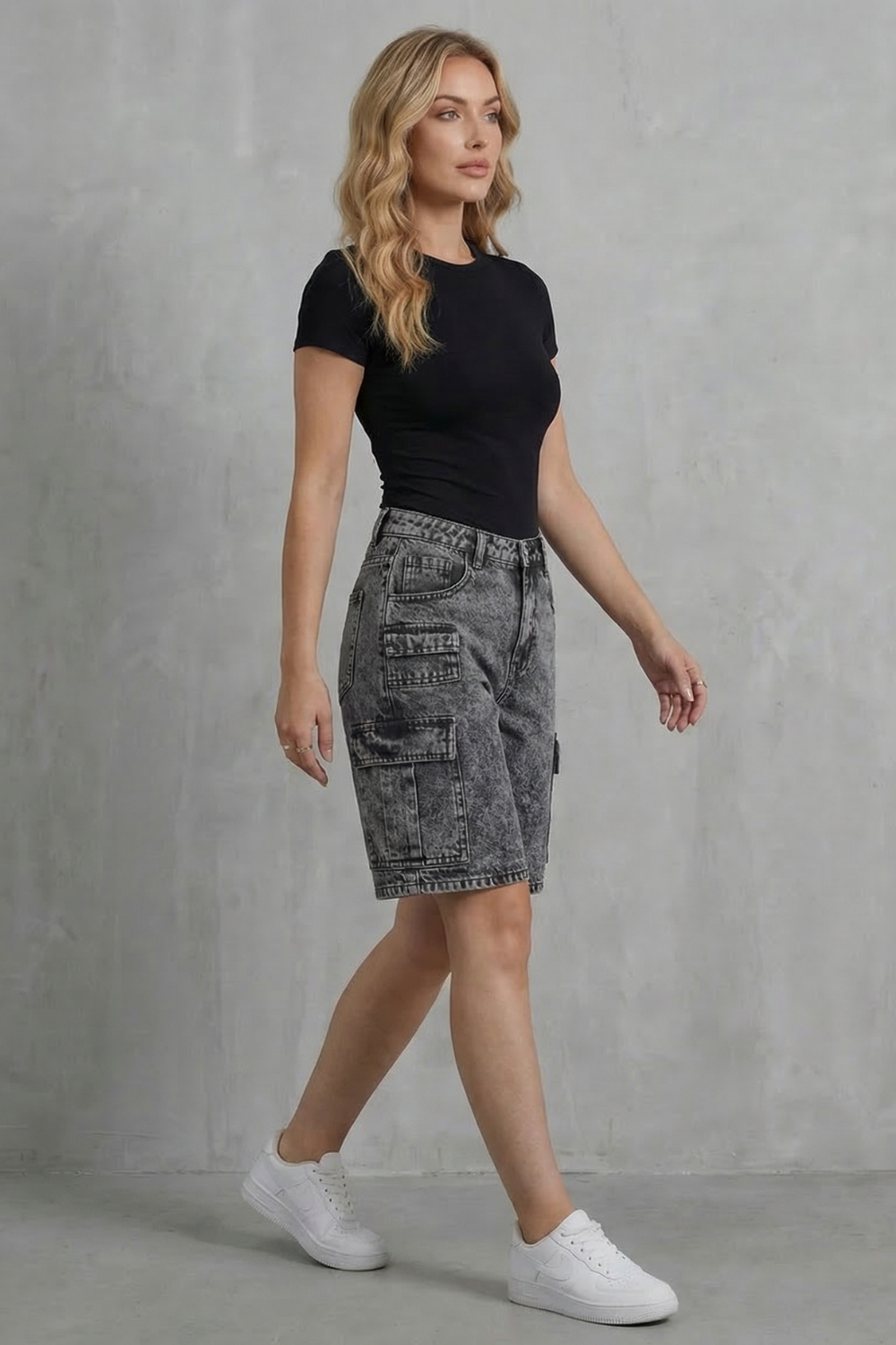 Ardenza – Estilo utilitário lavado – Bermuda cargo jeans