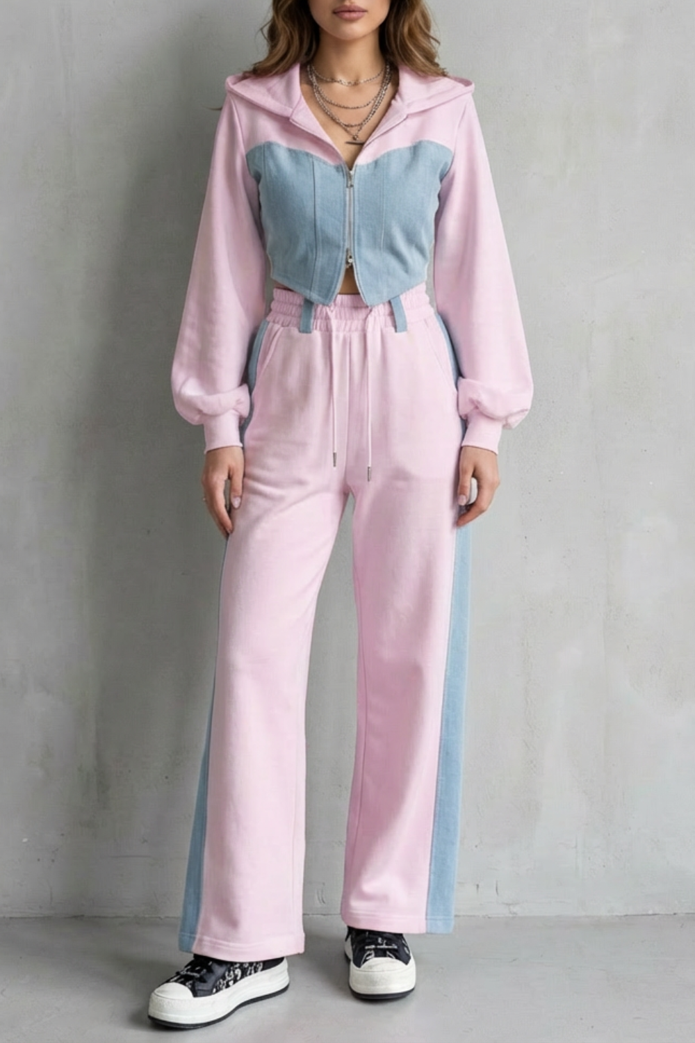 Arlo – Denim Splice – Conjunto Dois em Um de Moletom com Capuz e Calça