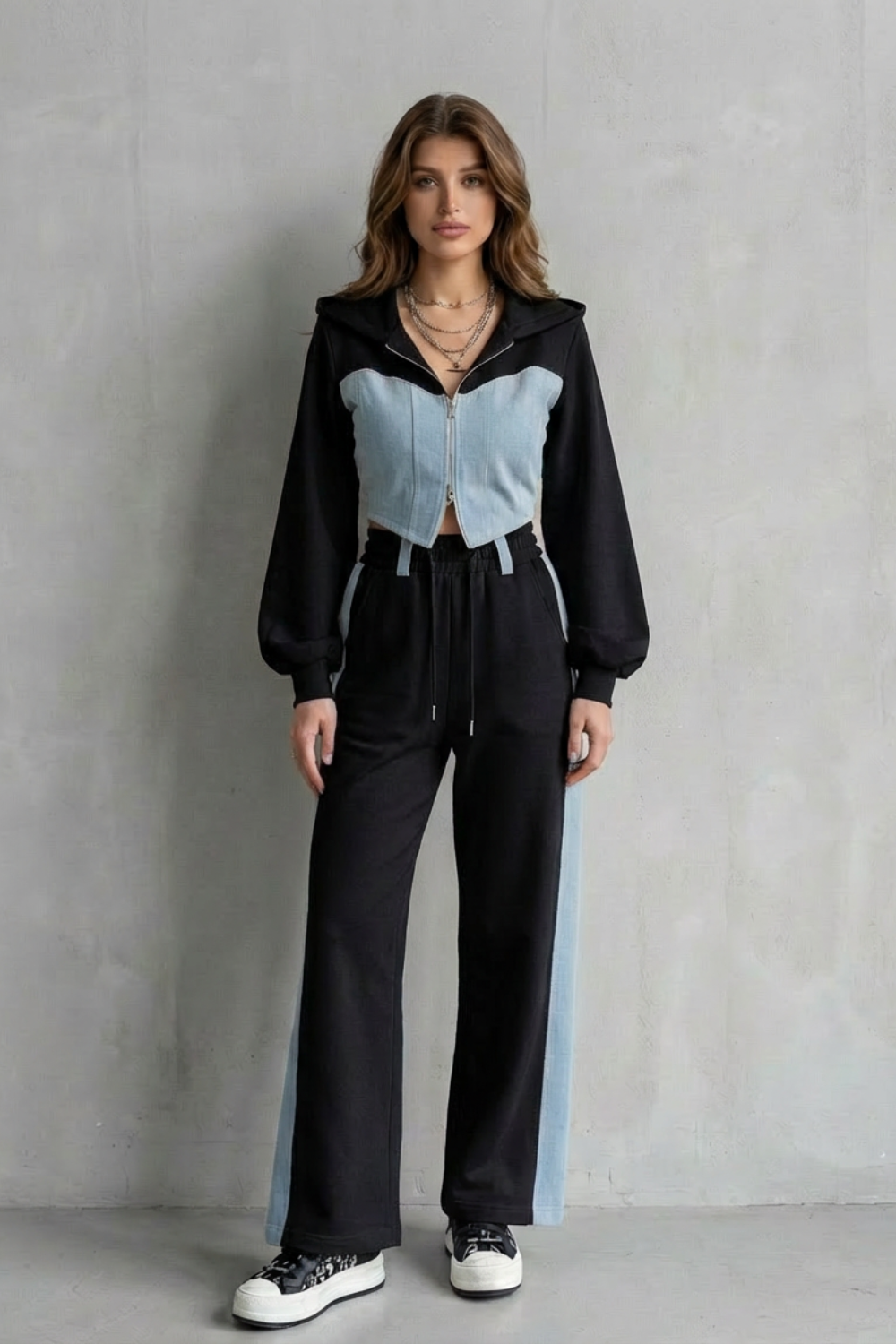 Arlo – Denim Splice – Conjunto Dois em Um de Moletom com Capuz e Calça
