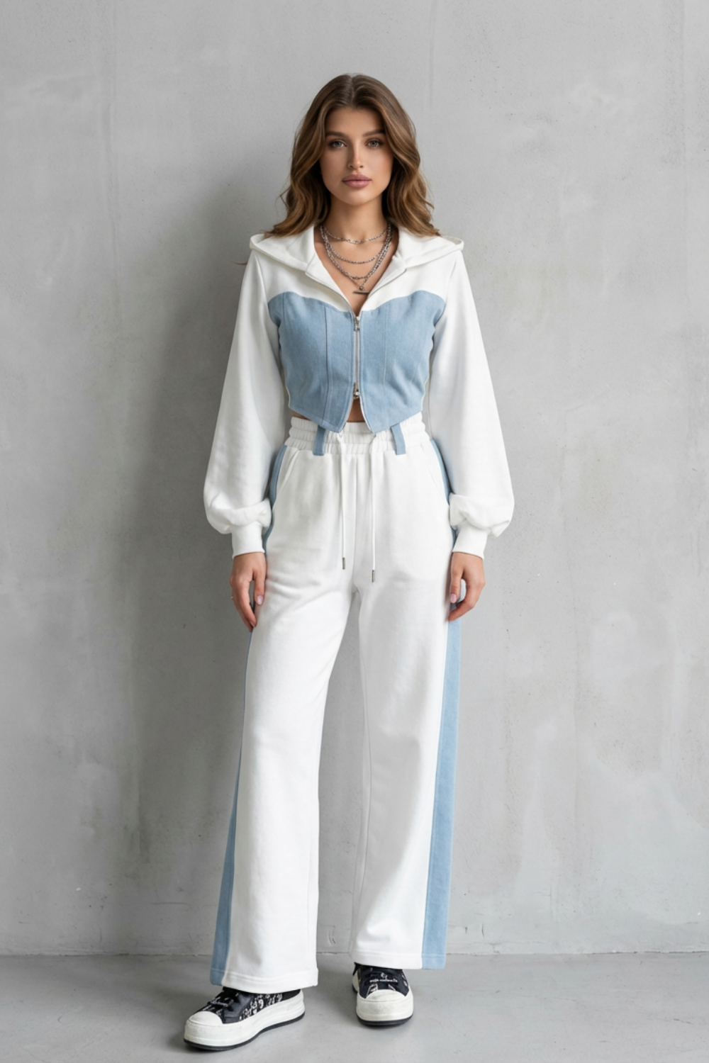 Arlo – Denim Splice – Conjunto Dois em Um de Moletom com Capuz e Calça