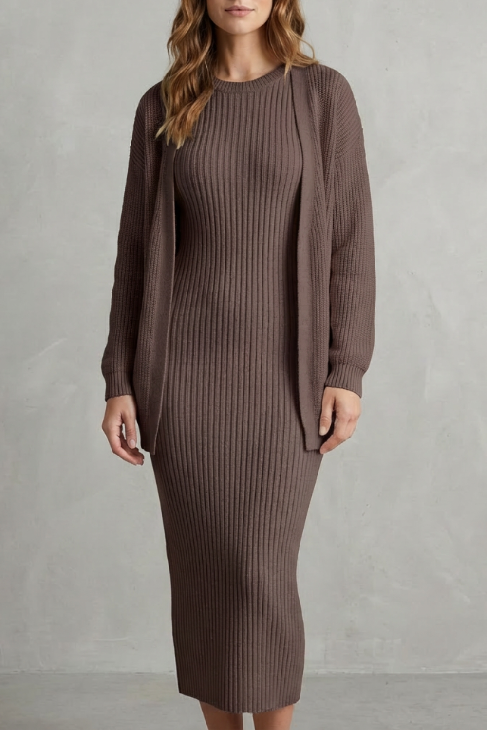 Aurelia – Conjunto Vestido Midi de Tricô Canelado – Conjunto de 2 Peças Justo com Cardigã