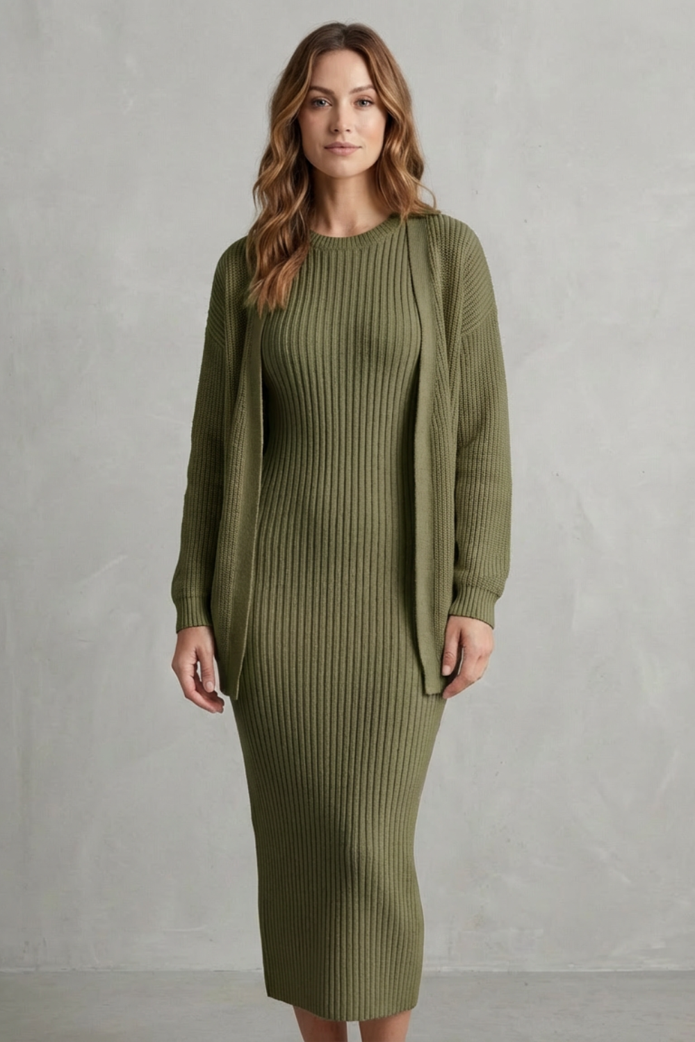 Aurelia – Conjunto Vestido Midi de Tricô Canelado – Conjunto de 2 Peças Justo com Cardigã