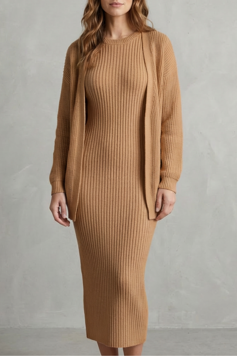 Aurelia – Conjunto Vestido Midi de Tricô Canelado – Conjunto de 2 Peças Justo com Cardigã