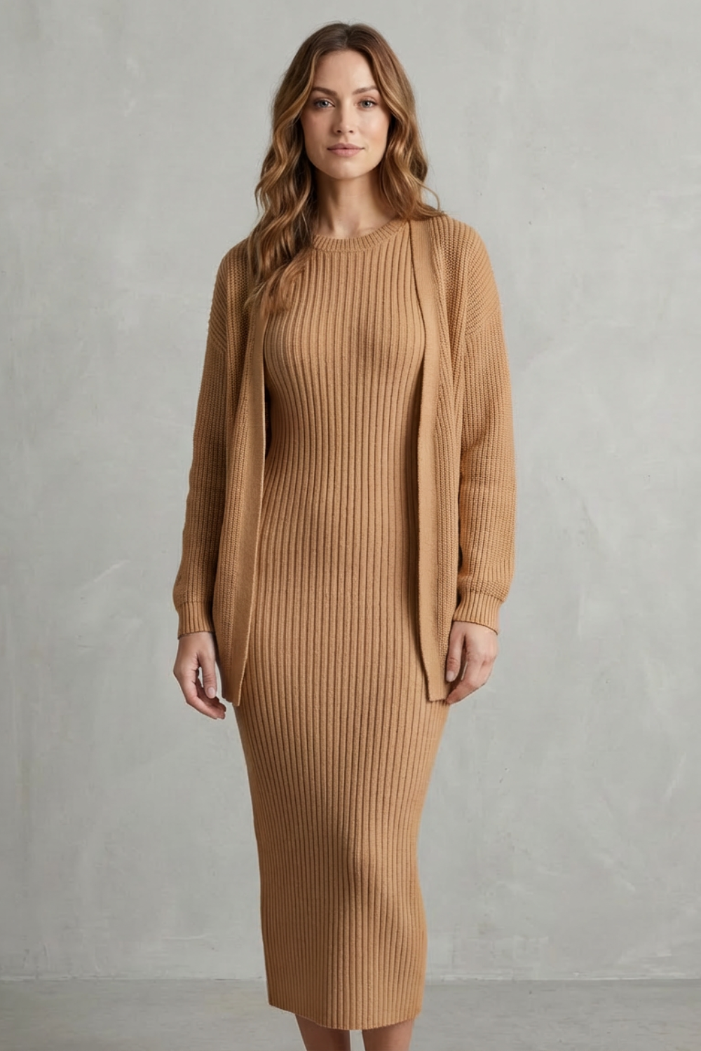 Aurelia – Conjunto Vestido Midi de Tricô Canelado – Conjunto de 2 Peças Justo com Cardigã