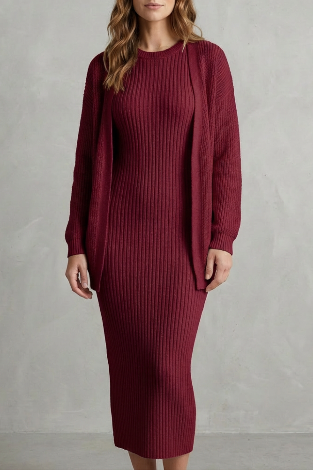 Aurelia – Conjunto Vestido Midi de Tricô Canelado – Conjunto de 2 Peças Justo com Cardigã