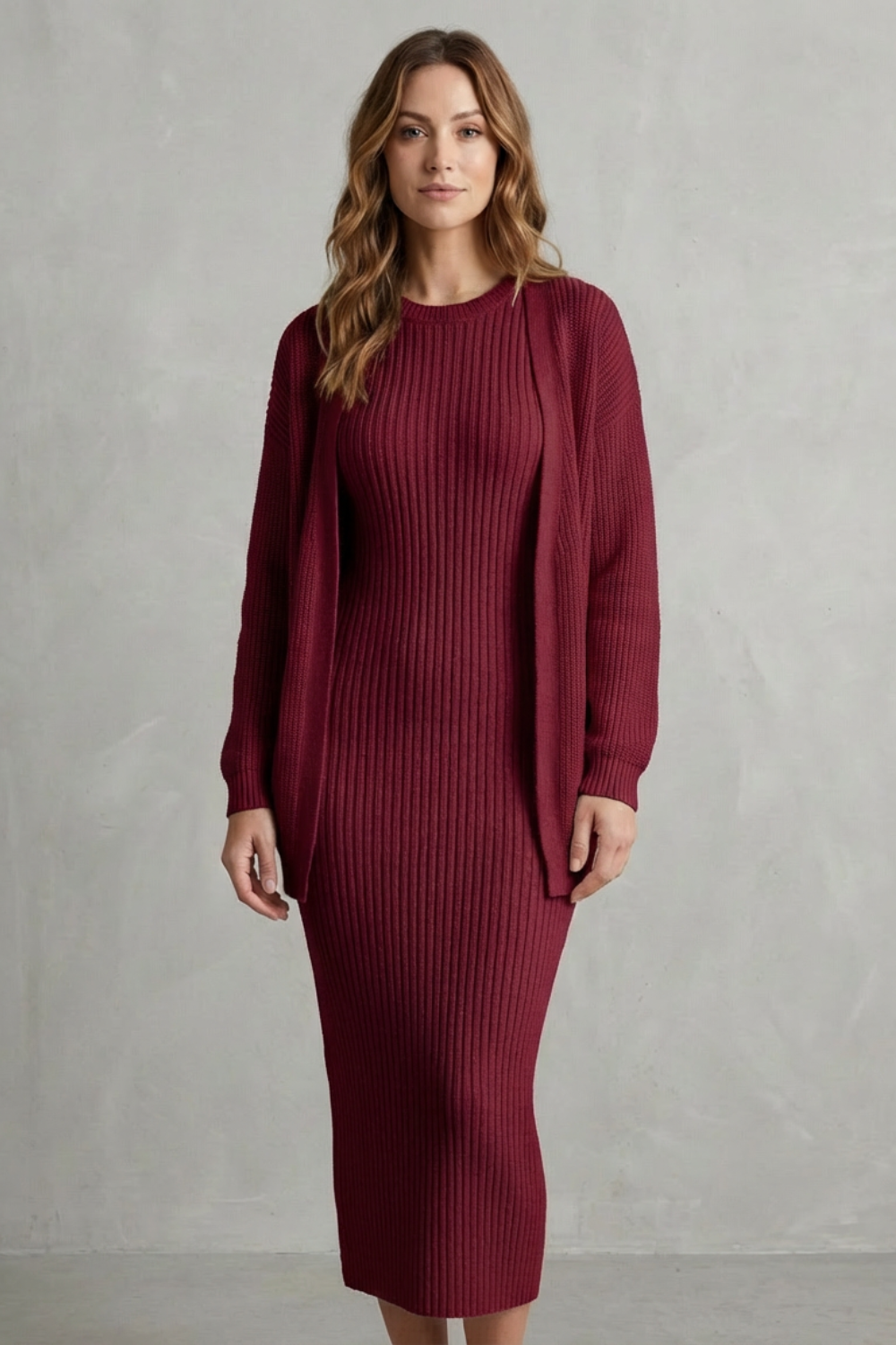 Aurelia – Conjunto Vestido Midi de Tricô Canelado – Conjunto de 2 Peças Justo com Cardigã